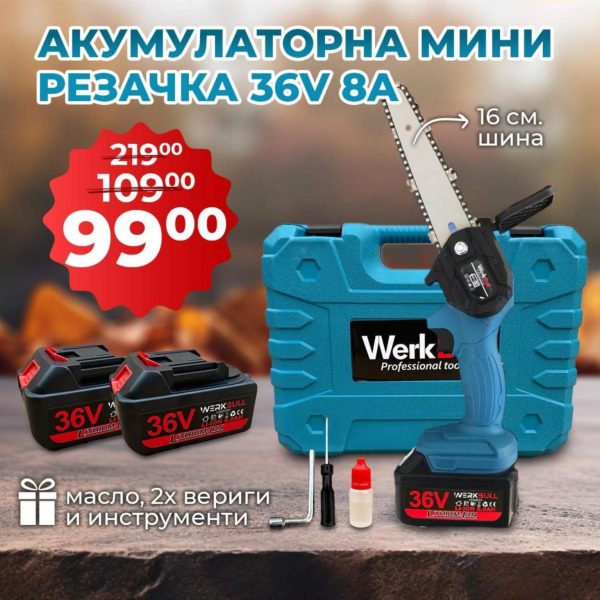 Акумолаторна резачка за дърва werkbull трион с шина 16см /36V,8Ah/ + 2батерии и 2 вериги
