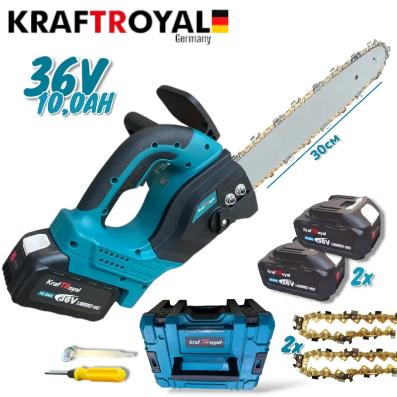 Акумулаторен верижен трион 36V 10 AH. KRAFTROYAL Резачка за дърва и клони. Автоматично смазване и дисплей. 30см. Шина и верига.
