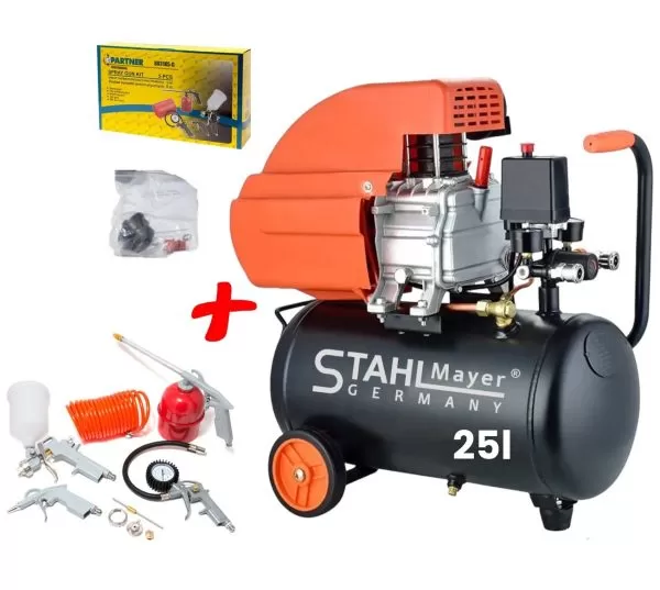 Комплект пневматични инструменти 5 части + компресор 25L 1500W | Partner