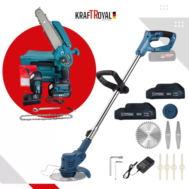 Резачка за клони 15см шина с 2 вериги + Тример за трева – акумулаторни 36V 8,0AH KRAFTROYAL с 4