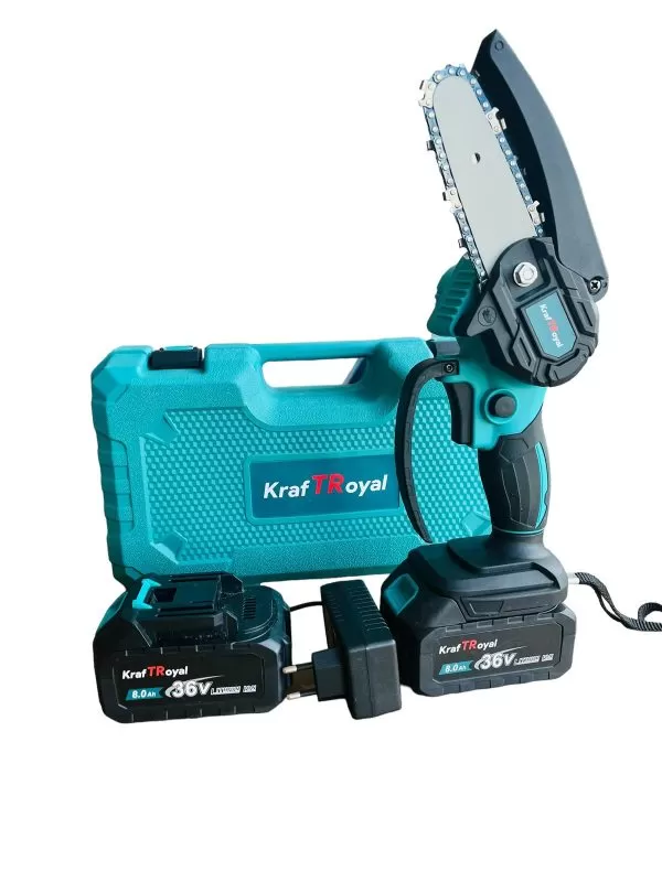 Мини акумулаторна безчеткова резачка KraftRoyal – Трион на батерии 36V с 2 вериги