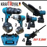 5в1 Универсален акумулаторен комплект KRAFTROYAL 36V 8Ah – винтоверт, гайковерт, саблен трион, верижен трион за клони и ъглошлайф