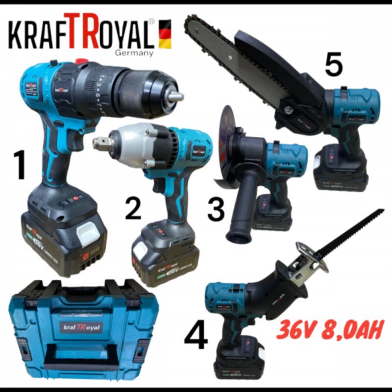 5в1 Универсален акумулаторен комплект KRAFTROYAL 36V 8Ah – винтоверт, гайковерт, саблен трион, верижен трион за клони и ъглошлайф