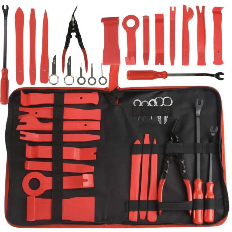 Професионален комплект StahlMayer 19 части за демонтаж на тапицерия, панели, щипки и авто радио без повреди. Удобен калъф за съхранение.