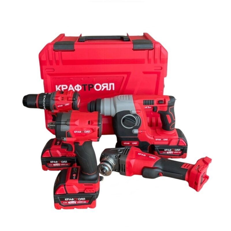 KraftRoyal Red MX Fuel 4 в 1 – модел 2025. Подобрени мотори, батерии и защита. Перфоратор/къртач, гайковерт, винтоверт и ъглошлайф с 3 батерии.
