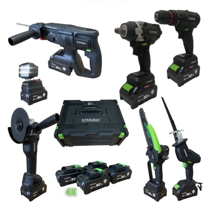Професионален комплект 7 в 1 StahlMayer Black XR 36V – перфоратор, винтоверт, гайковерт, ъглошлайф, триони и LED лампа. 4 батерии, куфар, 30 аксесоара.