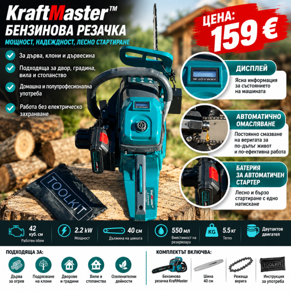 Бензинова резачка за дърва с АВТОМАТИЧЕН СТАРТЕР KraftMaster 42 куб. см с шина 40 см