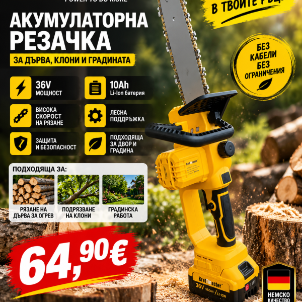 Акумулаторна резачка KrafTMaster 36V 10Ah с 30 см шина и 2 батерии