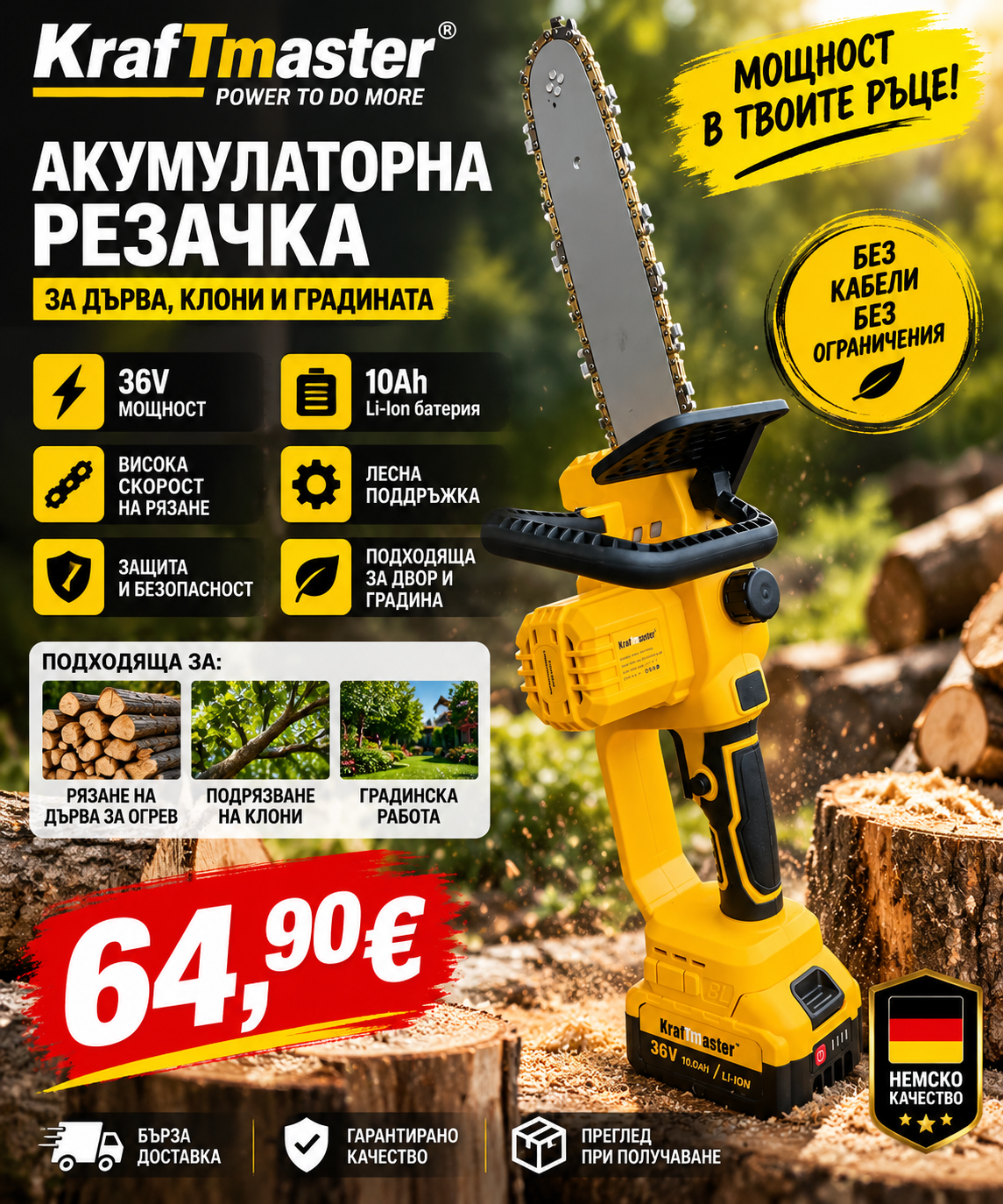 Акумулаторна резачка KrafTMaster 36V 10Ah с 30 см шина и 2 батерии