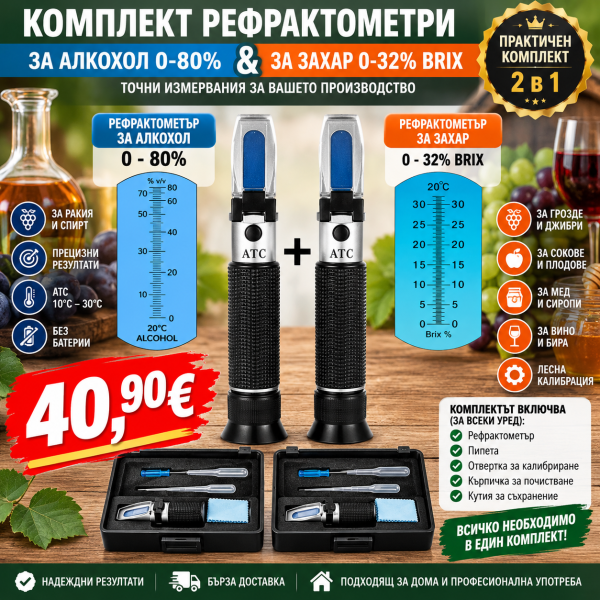 Комплект от 2 рефрактометъра: за захар 0–32% Brix и алкохол 0–80%. С ATC 10–30°C, пипети, калибриране и защитни кутии.