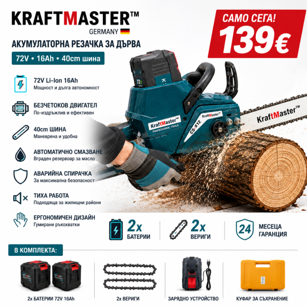 Акумулаторна резачка за дърва KRAFT MASTER 72V 16Ah с 2 батерии и шина 40 см
