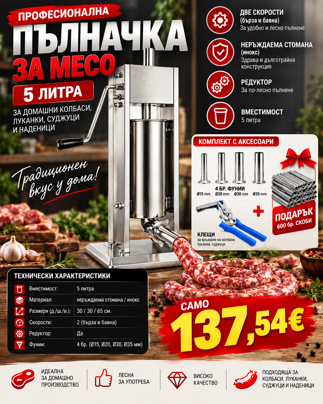 pulnachka-5-litra Професионална вертикална пълначка за месо KG-5L – 5 литра, неръждаема стомана, 2 скорости и 4 фунии - Image 1